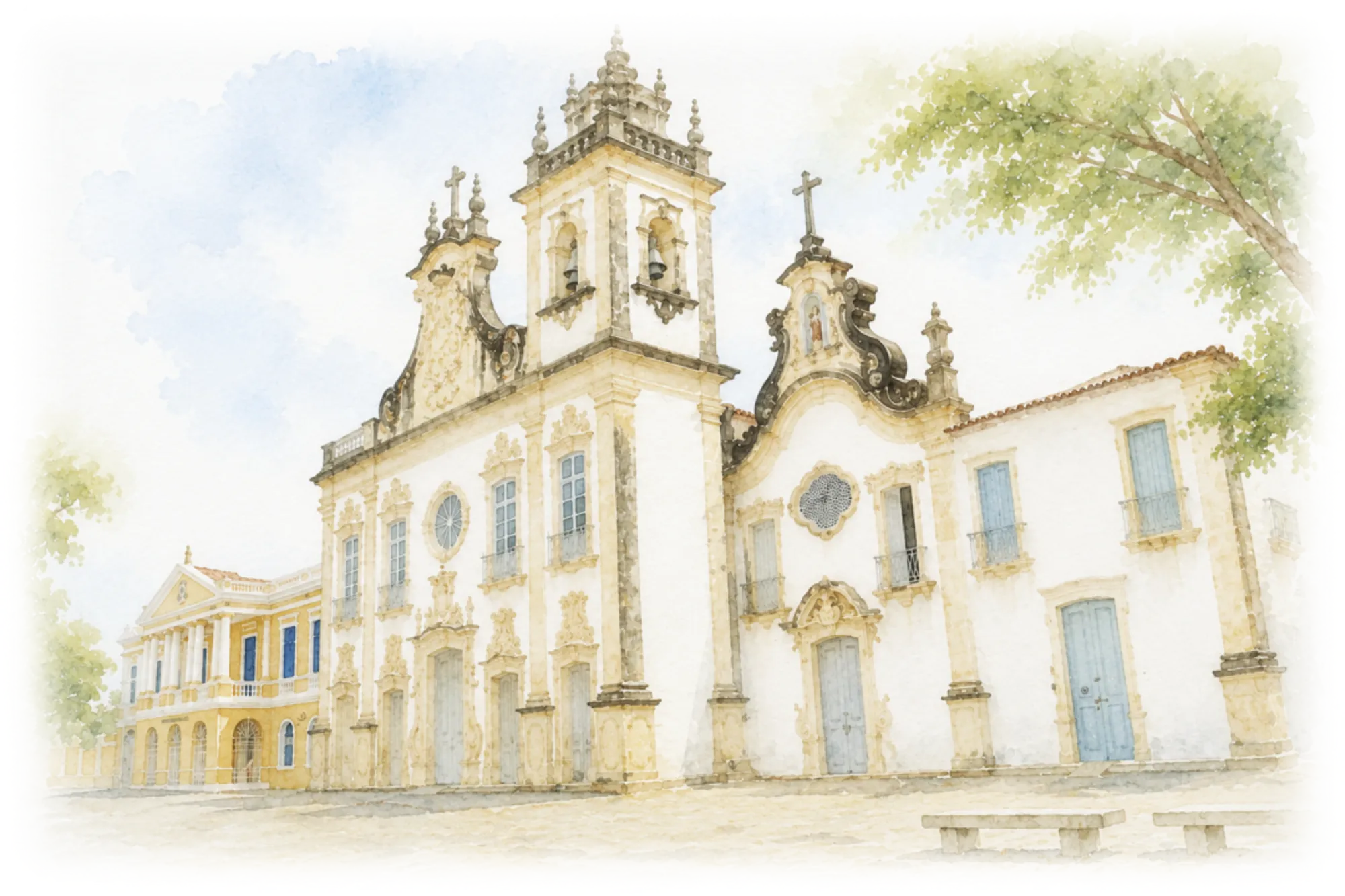 Ilustração em aquarela da fachada da Igreja do Carmo, em João Pessoa