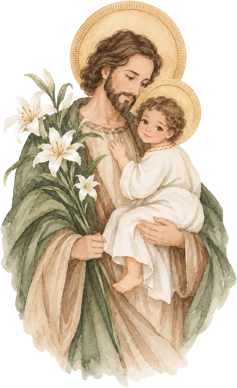 Ilustração em aquarela de São José com o Menino Jesus no colo e lírios